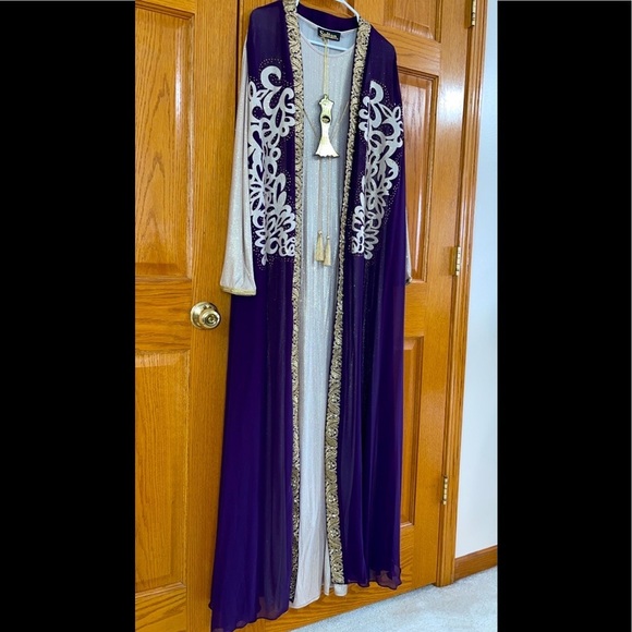 Formal Dress Sizes XL 2XL 3XL 4XL Purple Gold Long Sleeves 2pc Maxi SULTAN Abaya - Picture 3 of 13
